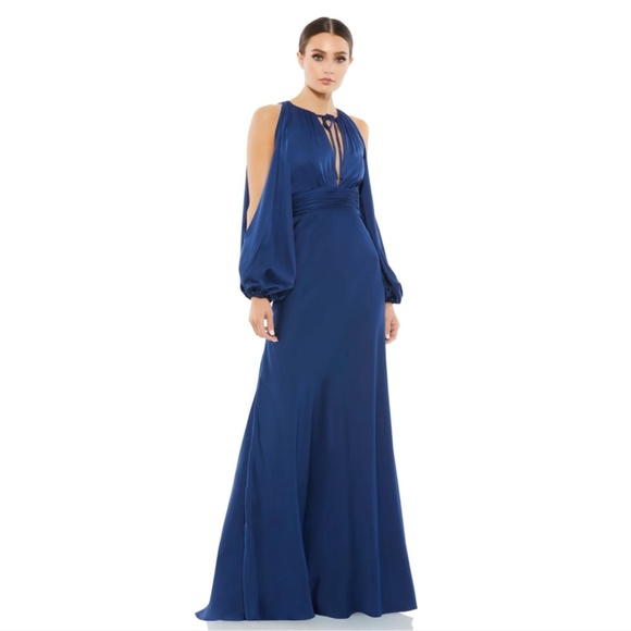 NWT IEENA Mac Duggal [ 14 ] Plunge‎ Neck Long Sleeve Satin Gown in Midnight - Picture 15 of 16